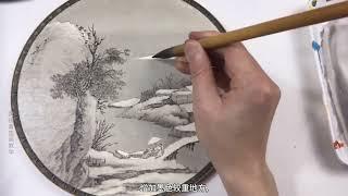 雪景山水技法示范，国画，山水画技法教程，水墨画