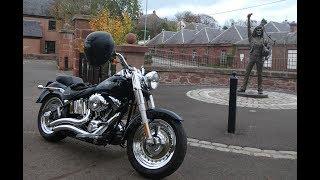 Bon Scott statue in Kirriemuir To Blairgowrie on a Harley Davidson "Fatboy"