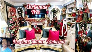 2024 Christmas Tree Fireplace Mantel Tradional Family Room Decorate  With  Me for Christmas