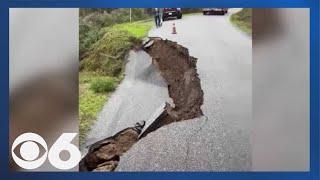 Video shows road collapsing after record rains in Pescadero, California