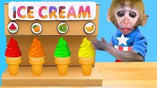 Monkey Baby Chu Chu doing shopping in Toy store and eats ice cream rainbow with puppy the pool