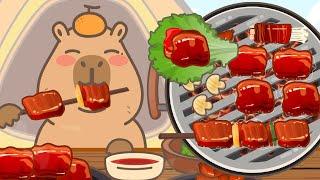 Capybara mukbang animation / ASMR / BBQ, sausage, salad / Capy Capy