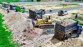 Best start new project Landfill by Expert Skill driver Dozer D58E Pushing with Dump Trucks Unloading