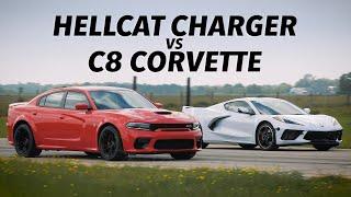 495 HP C8 Corvette vs 707 HP Hellcat Charger Widebody | Roll and Drag Race Comparison