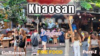 Khaosan road atmosphere walk in daytime. Bangkok Thailand. Food, entertainment and shopping.