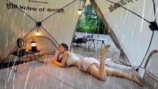 Powerful Super Heavy Rain Hard Camping  Relaxing in a Tent Connecting Tarp to a Car