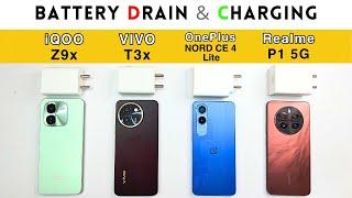 (5G) BATTERY Drain and CHARGE iQOO Z9x vs VIVO T3x vs Realme P1 vs OnePlus Nord CE 4 Lite | UPDATED