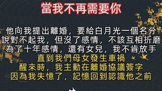 #小說《完結》他向我提出離婚，要給白月光一個名分。說對不起我，但沒了感情，不該互相折磨。為了十年感情，還有女兒，我不肯放手。直到我們母女發生車禍。醒來時，我主動在離婚協議簽字。因為我失憶了