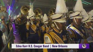 Edna Karr H.S. Cougar Band marches in Krewe of Bacchus