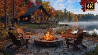 Autumn Lakeside Cabin with Cracking Fire, Rustling Fall Leaves, & Nature Sounds | 4K 