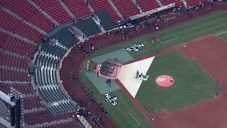 Aerials over Busch Stadium show St. Louis getting ready for the Cardinals game