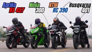 Aprilia RS 457 vs Ninja 300 vs RC390 vs Husqvarna Svartpilen 401 Drag Race