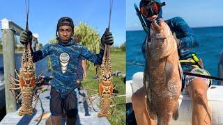 Cubera Snapper and GIANT Lobster on a POLESPEAR in the BAHAMAS - Episode 18