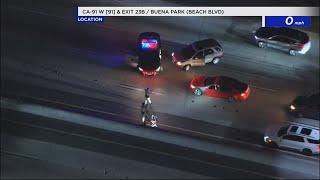 Suspect erratically drives on CA-91 Freeway, doing donuts and blocking traffic