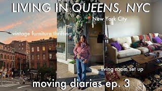 MOVING TO QUEENS, NYC: thrifting for furniture, living room set up, + a realistic vlog