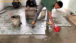 Professional Indoor Dining Room Floor Construction Workers Use Beautifully Patterned Ceramic Tiles