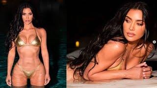 Kim Kardashian dazzles in a gold bikini as she takes a dip in the pool during her Italian vacation