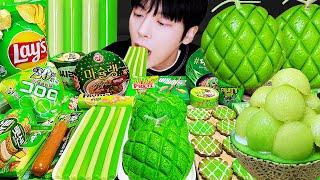 ASMR MUKBANG | GREEN FOOD HONEY JELLY CANDY Desserts (Noodles Jelly, chocolate) Convenience store