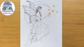 A fairy is sitting on the Moon  - Pencil Sketch || How to draw Fairy Dreams Scenery || peri çizimi