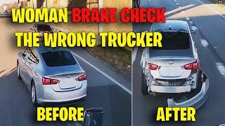 WOMAN BRAKE CHECK THE WRONG TRUCKER | Road Rage, Idiot Driver USA & Canada Driving fails 2024