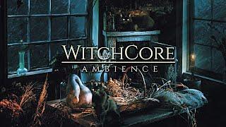 WitchCore Thunderstorm Night in the Forest Cabin / Cats, Herbs, Fireplace and Rain + Soft Music