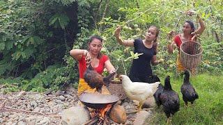 Survival in the rainforest, Catch chicken in forest, Cooking chicken is tasty food for dinner