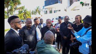 President  Julius Malema addressing members of the media outside the Modise home.