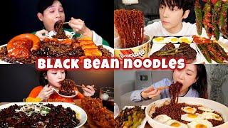 Mukbangers Try BLACK BEAN NOODLES (Jjajangmyeon) | ASMR Compilation | Lets eat with mukbangers