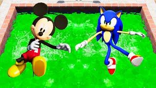 GTA 5 Mickey Mouse & Sonic Jumping Into Toxic Pool (Ragdolls/Euphoria Physics) #6