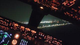 Cockpit view.  BOEING 747 beautiful night LANDING at JFK! includes radio communication