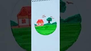 "How to Draw Village Scenery Inside a Circle | Easy Art Tutorial | Drawing with Tasnia"