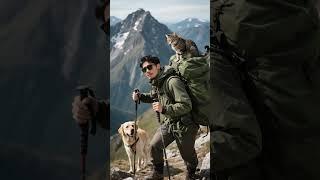 Epic mountain hike with a Labrador by his side and a tabby cat on his backpack! 