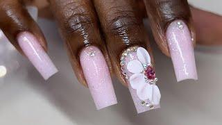 Glitter Pink Nails w/ 3D Art And Bling  | Watch Me Work | 3D Nails | Blinged Nails