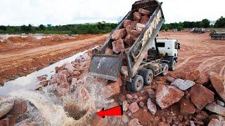 AMAZING! Rock Pushing Unloading For Making Land Up Bulldozer Komatsu D61PX Working With 25.5t Truck