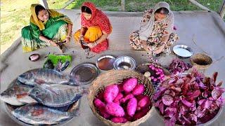 তেলাপিয়া মাছের কালিয়া,লাল মিষ্টি আলুর ধোঁকা আর মাছের মাথা দিয়ে লালশাকের ঘন্ট রান্না আর খাওয়া