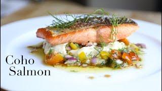 Coho Salmon, Roasted Garlic & Basil Mash, Cherry Tomato Salad