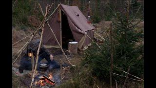 Winter Bushcraft Camping in Heavy Overnight Snowstorm - Canvas Wall Tent - Blizzard - Off Grid