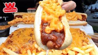 MUKBANG EATING WIENERSHNITZEL NEW MAC & CHEESE CHILLI CHEESE DOG, CHILLI CHEESE FRIES ASMR