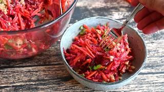 Beetroot, apple, carrot. I make this salad once a week! Healthy recipe.