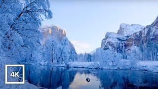 4K UHD Winter in Yosemite National Park | Snowy Merced River & Relaxing Nature, Waterfall Sounds |