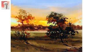 How to Paint Sunset Painting in Watercolor Demo by Shahanoor Mamun | Watercolor Wet Into Wet