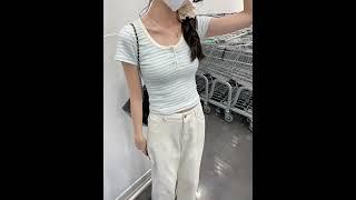 [에이진] 헨리넥 스트라이프 크롭티 #ootd #fashion #데일리룩 #outfit #여름코디 #가성비룩 #쿠팡추천 #패션 #SUMMER #반팔티 #크롭 #헨리넥티 #슬림핏