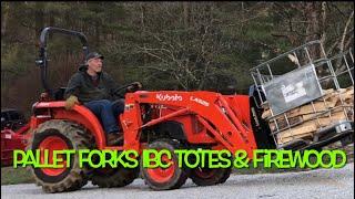 IBC Tote Top 5 Uses # 1 Firewood with Kubota Compact Tractor and Pallet Forks