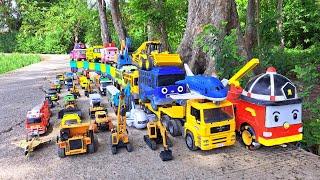 long poly trucks transport multiple vehicles, concrete trucks, fire trucks, excavators, loaders