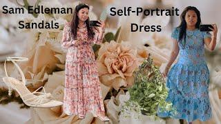 SELF PORTRAIT DRESS/ SAM EDLEMAN SANDALS /GRANDIN ROAD GREENERY & POTTERY BARN TABLE!