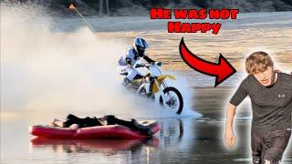 Water skipping across pond Prank (crashes dirtbike)