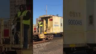 Caboose On Freight Train!  Rare Platform Caboose, Conductor Blowing Whistle At RR Crossing