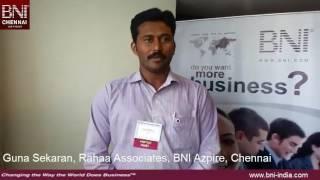 Testimonial from Guna Sekaran, Rahaa Associates, BNI Azpire, Erode Region, Chennai