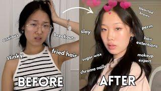 extreme glow up transformation | hair extensions, bleaching brows, sugar waxing, gel nails