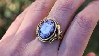 c. 1860 Victorian Signet Ring with Coiling Snakes, 15k Gold Sardonyx Intaglio